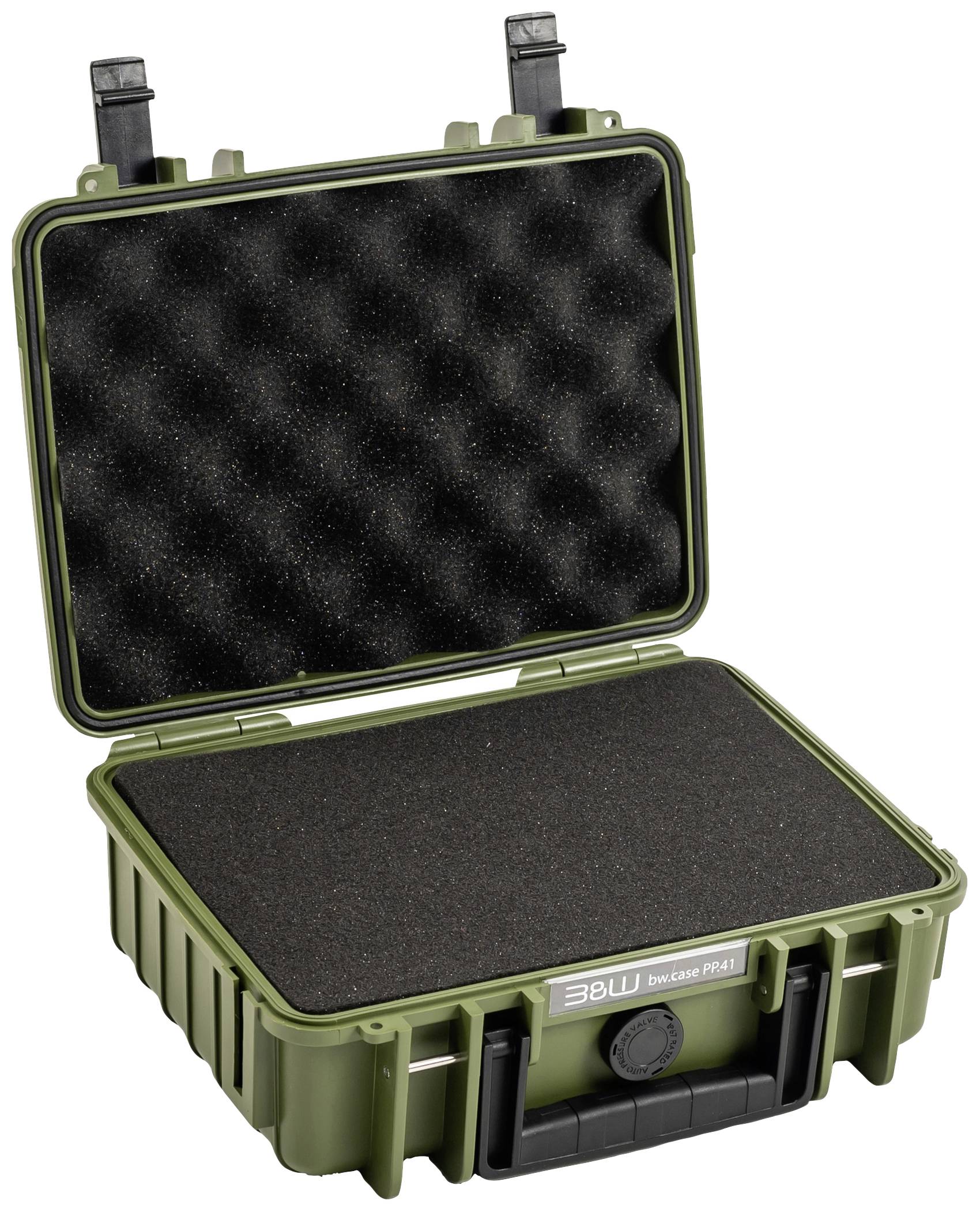 Valise de protection verte avec couvercle rabattable et intérieur matelassé en mousse noire, adaptée au transport sécurisé d'objets délicats.