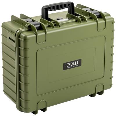 Un coffret de protection vert olive avec une poignée robuste, des renforts d'angle et un marquage noir du logo '38W' sur le devant.