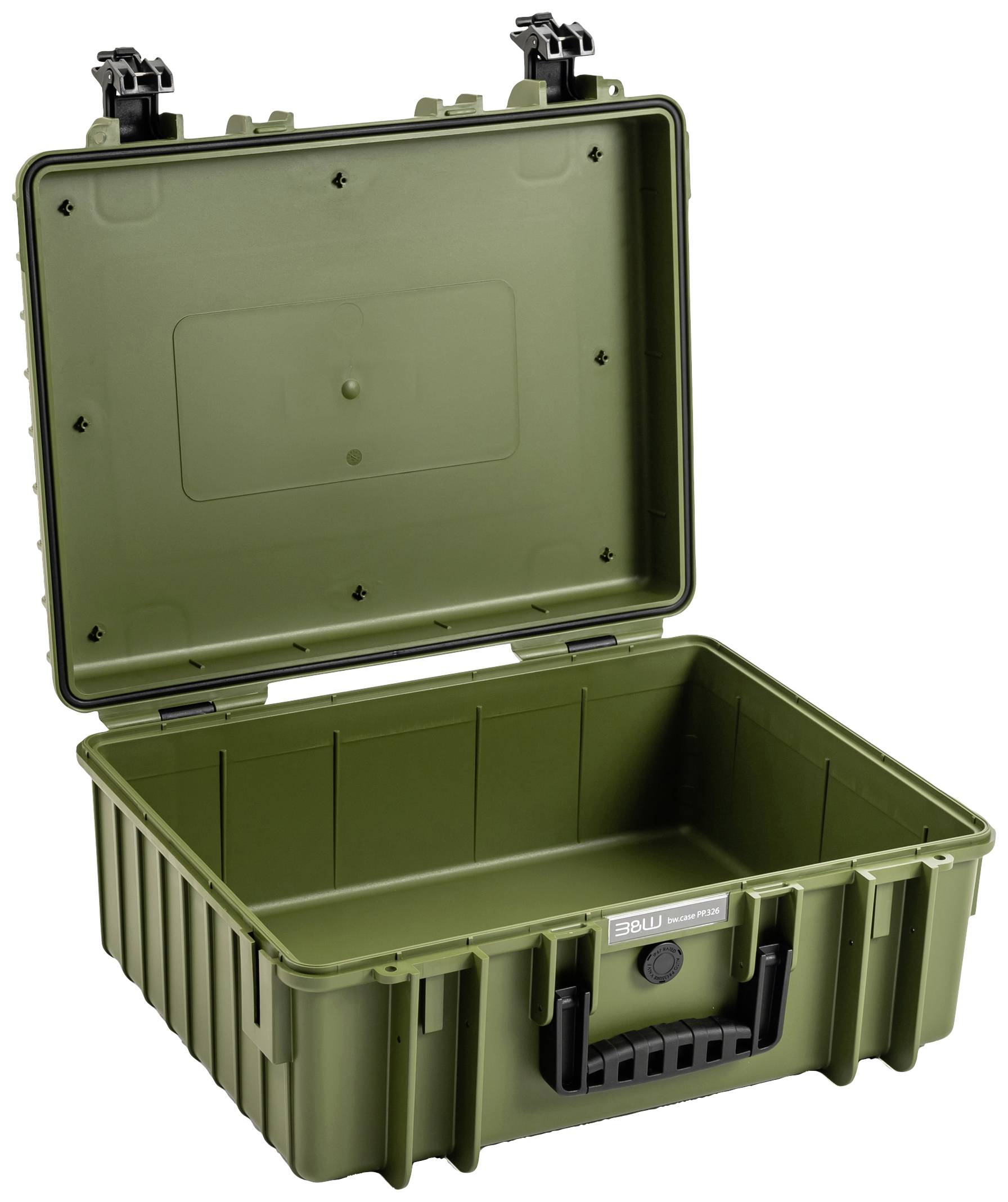 Un conteneur de transport vert olive ouvert, robuste, avec des coins renforcés et une poignée de transport noire. Idéal pour un transport en toute sécurité.