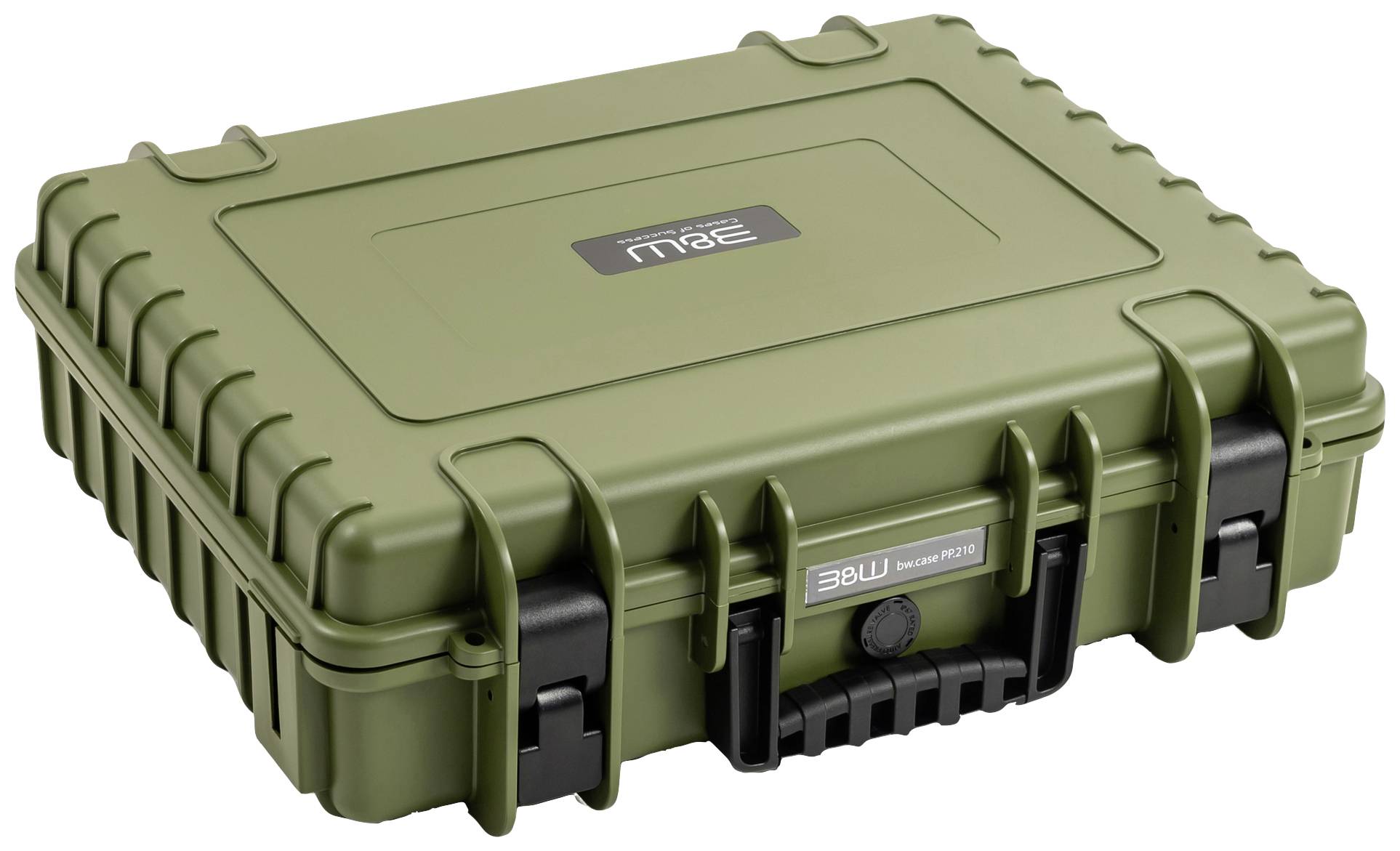 Valise de protection verte, robuste, avec poignée et fermetures noires. Adaptée au transport sécurisé d'équipements sensibles.