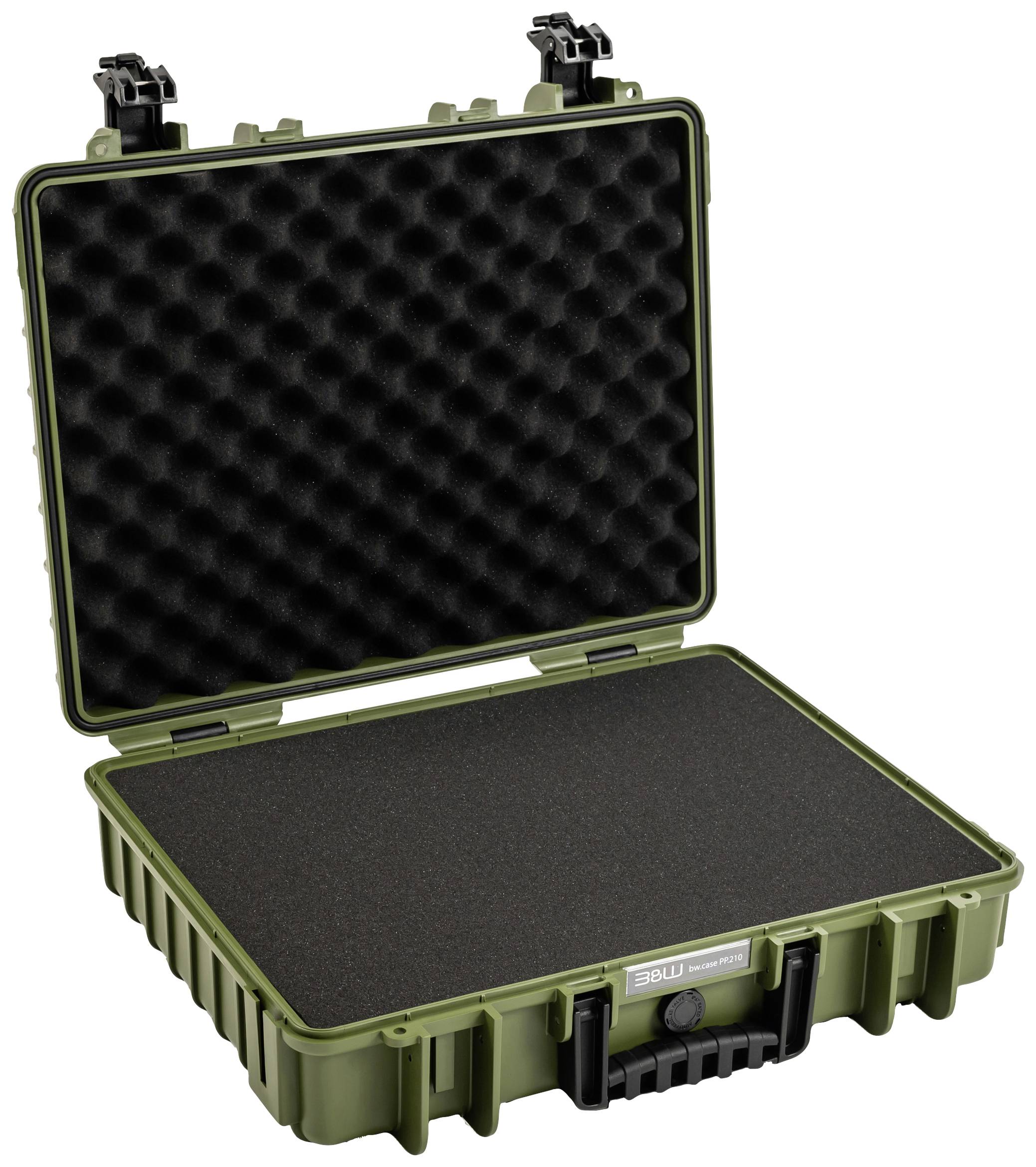 Une mallette rigide vert olive à coque dure, dotée d'un rembourrage en mousse noire à l'intérieur du couvercle, adaptée au transport d'équipements sensibles.
