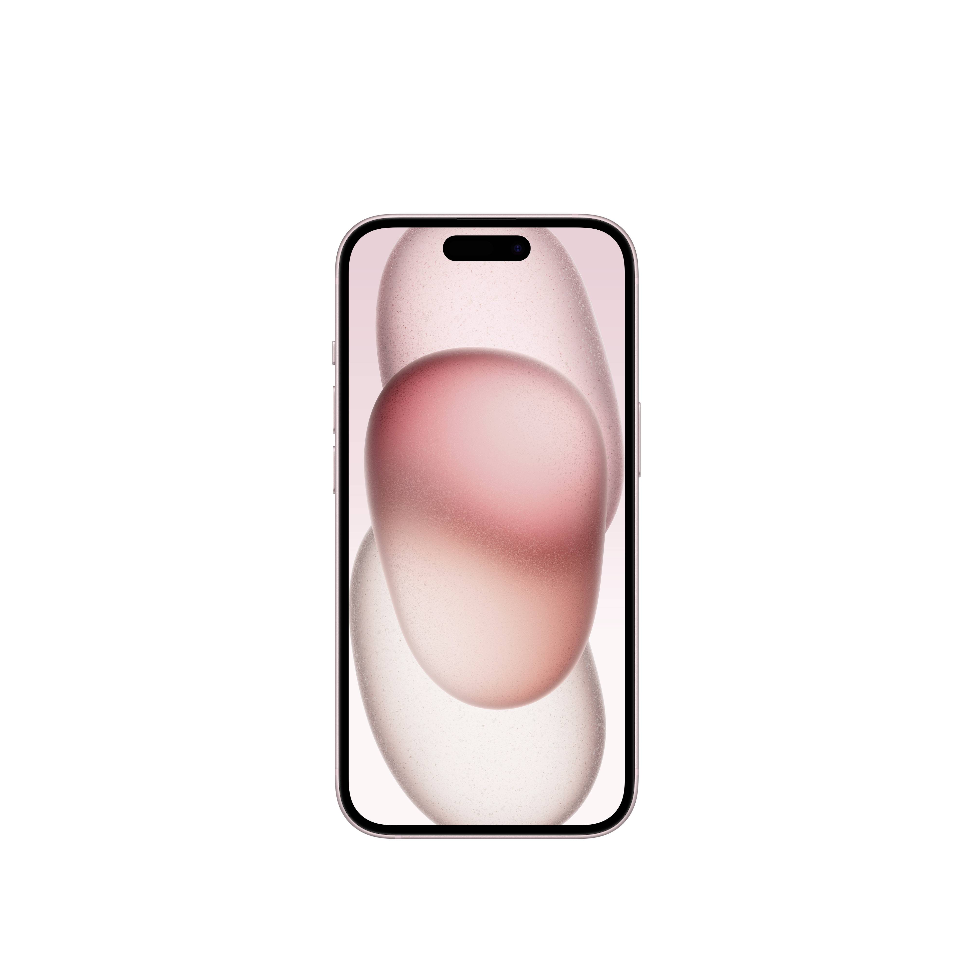 Un smartphone moderne aux coins arrondis, affichant un fond d'écran abstrait dans des tons de rose sur son écran.