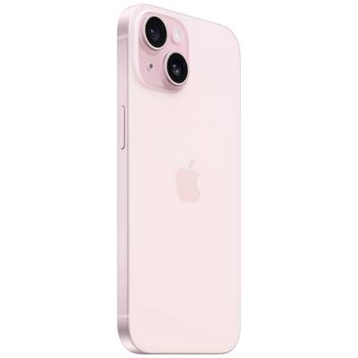 Un smartphone rose avec le logo d'une pomme mordillée. À l'arrière, deux caméras et un flash sont présents.