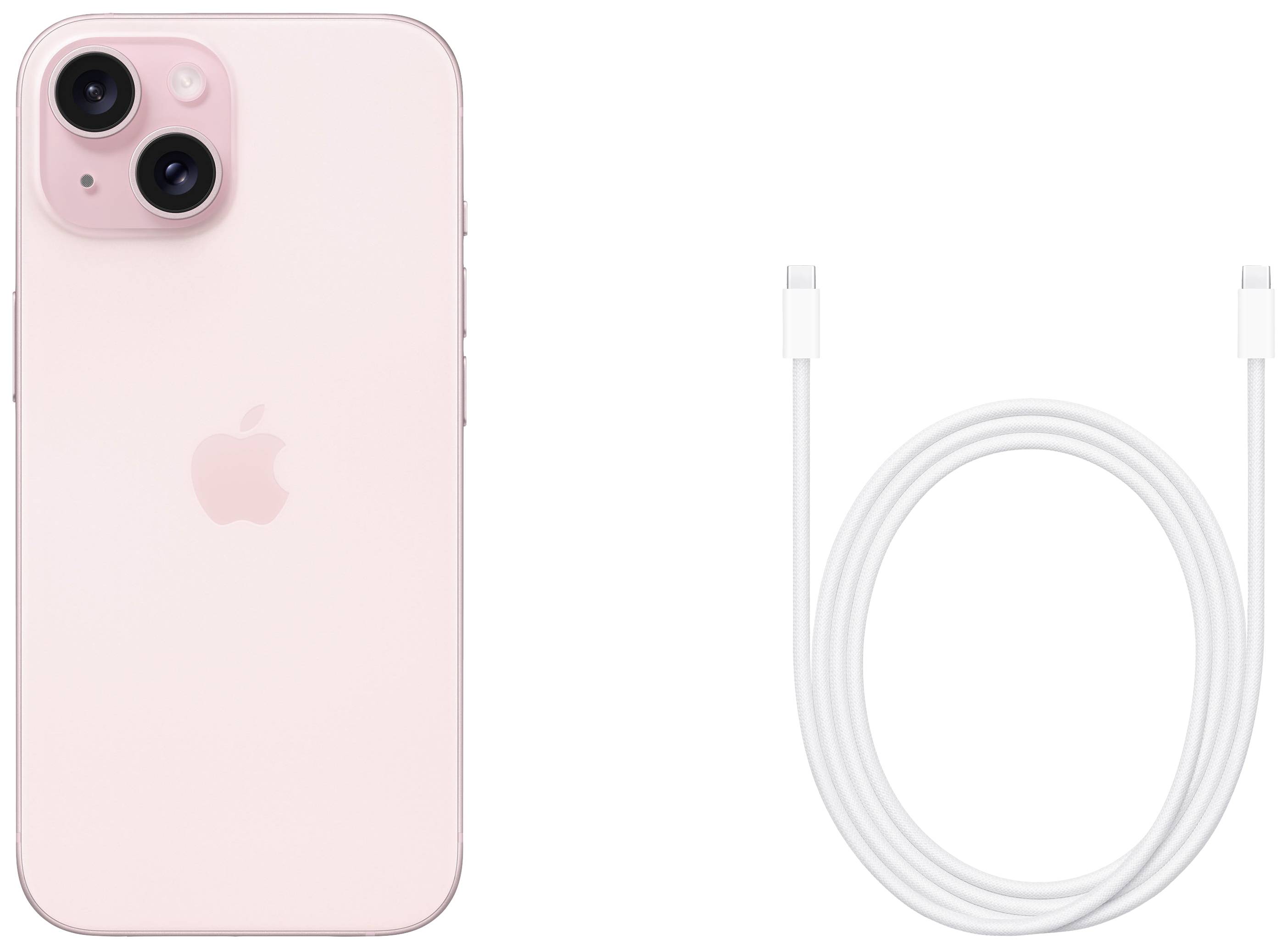 Un smartphone rose avec deux caméras à l'arrière, à côté d'un câble de charge blanc.