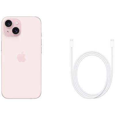Un smartphone rose avec deux caméras à l'arrière, à côté d'un câble de charge blanc.