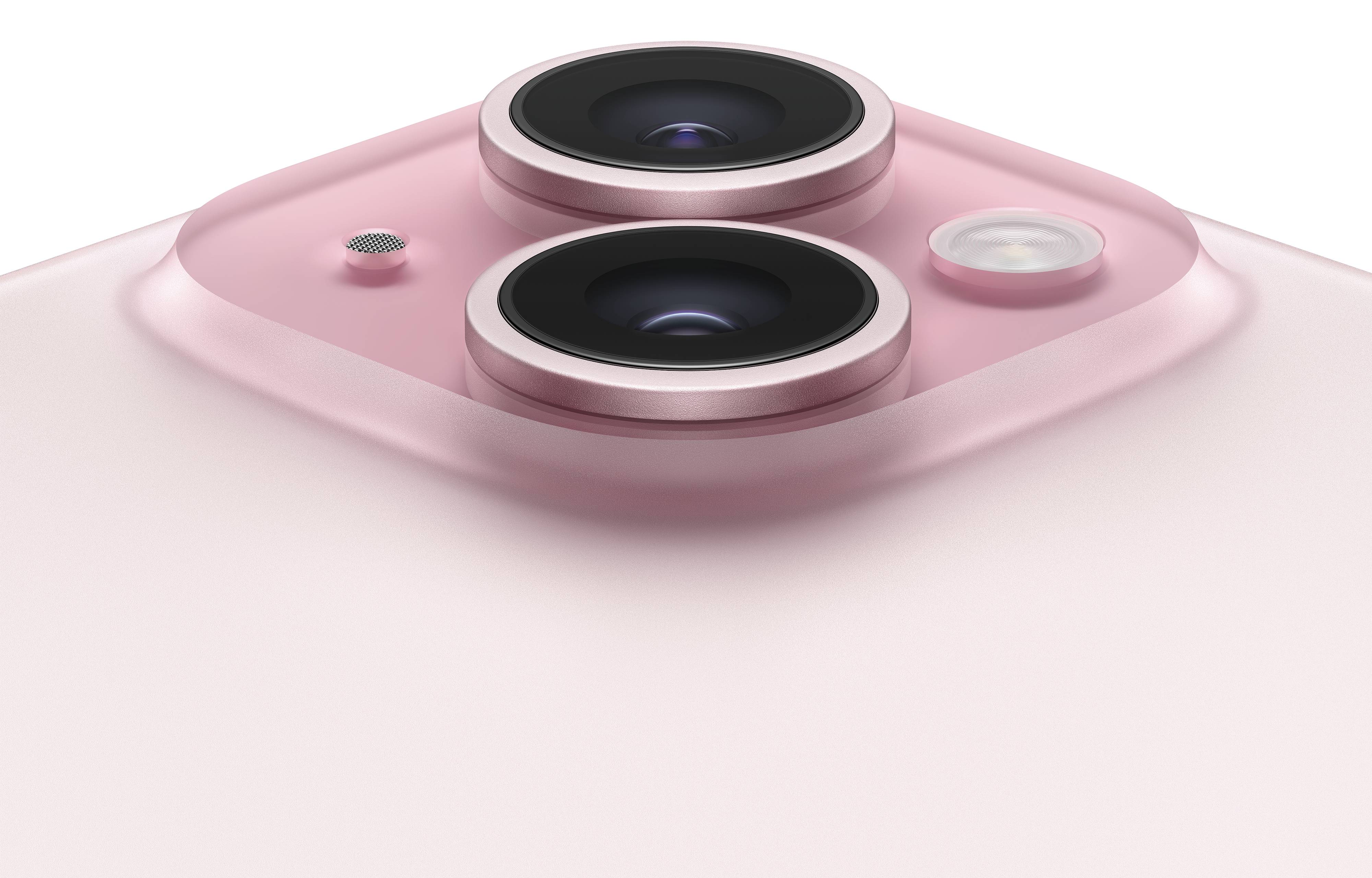 Dos de smartphone rose avec deux grands objectifs d'appareil photo et un flash ; design minimaliste et moderne.