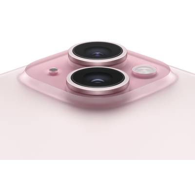 Dos de smartphone rose avec deux grands objectifs d'appareil photo et un flash ; design minimaliste et moderne.