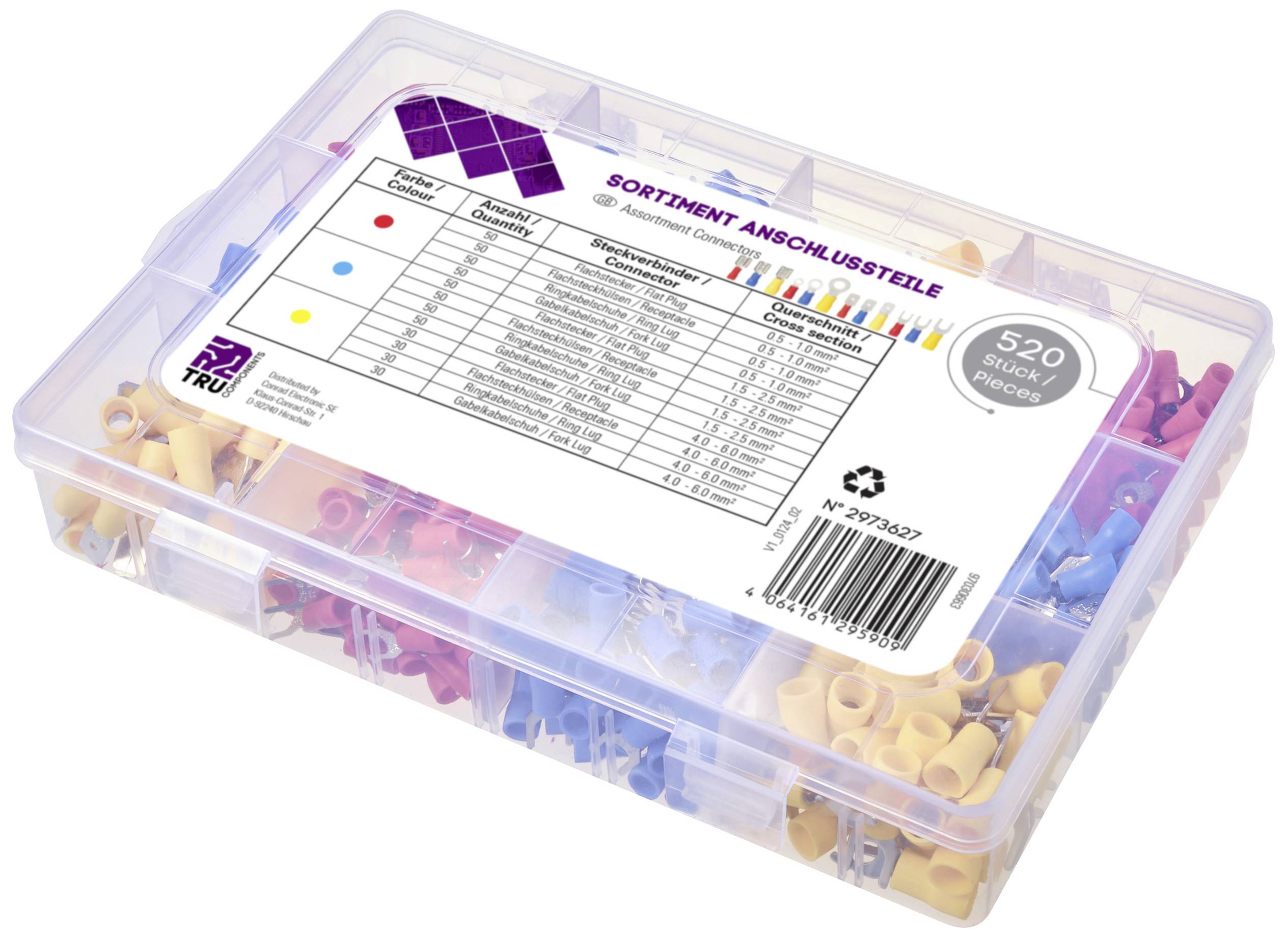 Boîte en plastique contenant 520 bornes de connexion de différentes couleurs et tailles. Comprend un tableau détaillant les composants individuels.