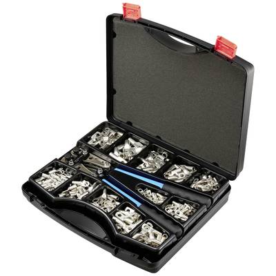 Boîte à outils contenant différentes pièces métalliques et un outil bleu. Comprend de nombreux compartiments pour différents composants.