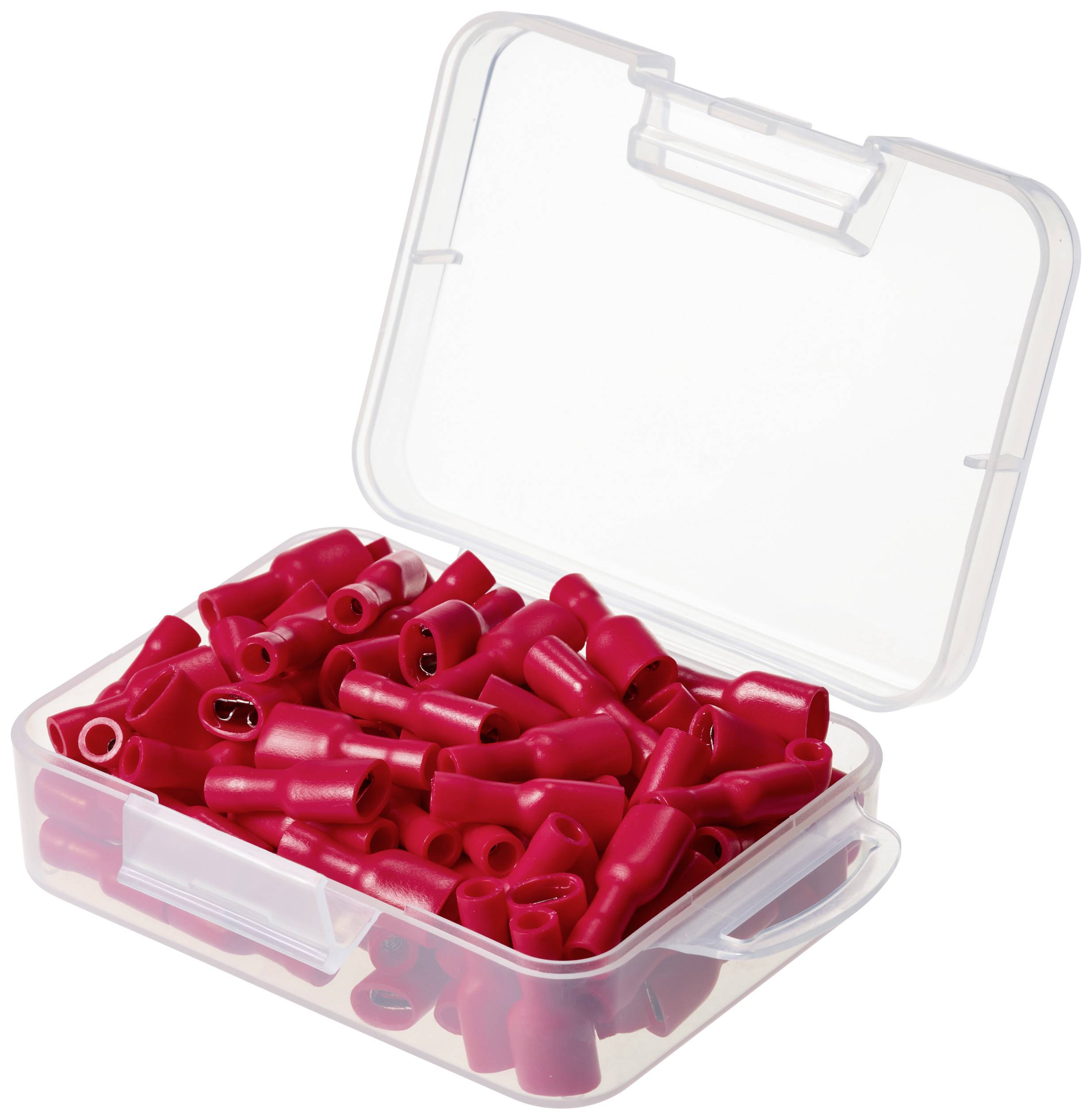 Boîte en plastique transparent contenant des accessoires de cosses de câble rouges. La boîte est ouverte et montre une variété de bornes de connexion isolées rouges.