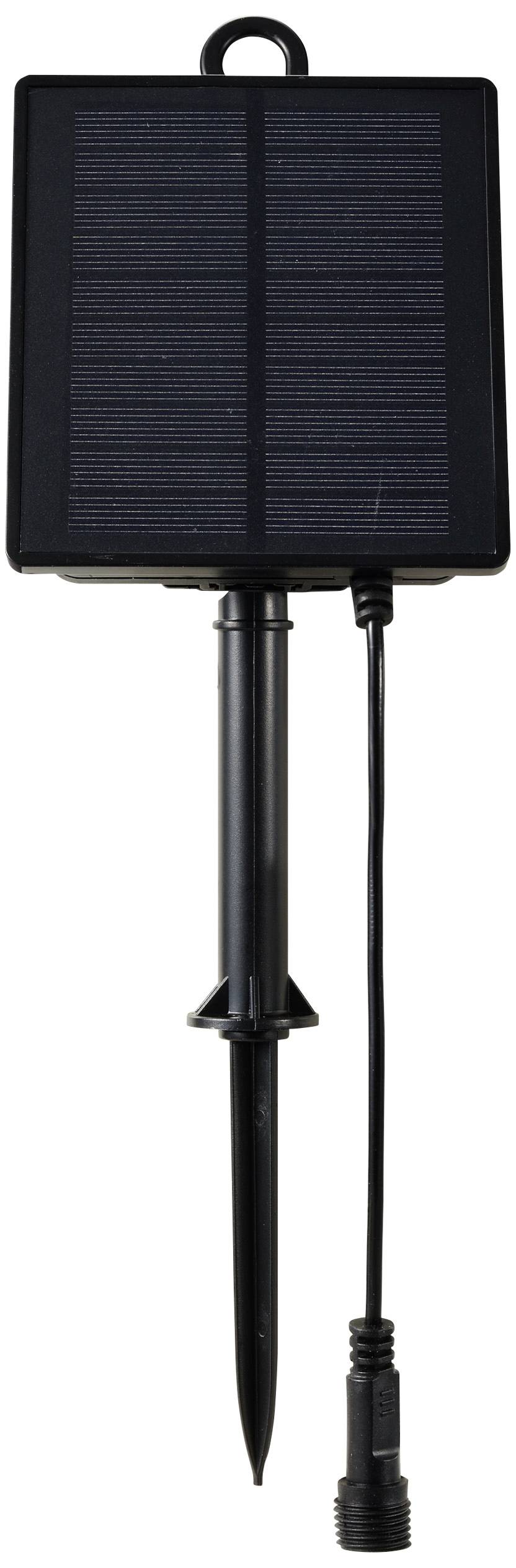 Un panneau solaire noir avec piquet de terre et câble de connexion pour alimenter des appareils ou des lampes extérieurs.