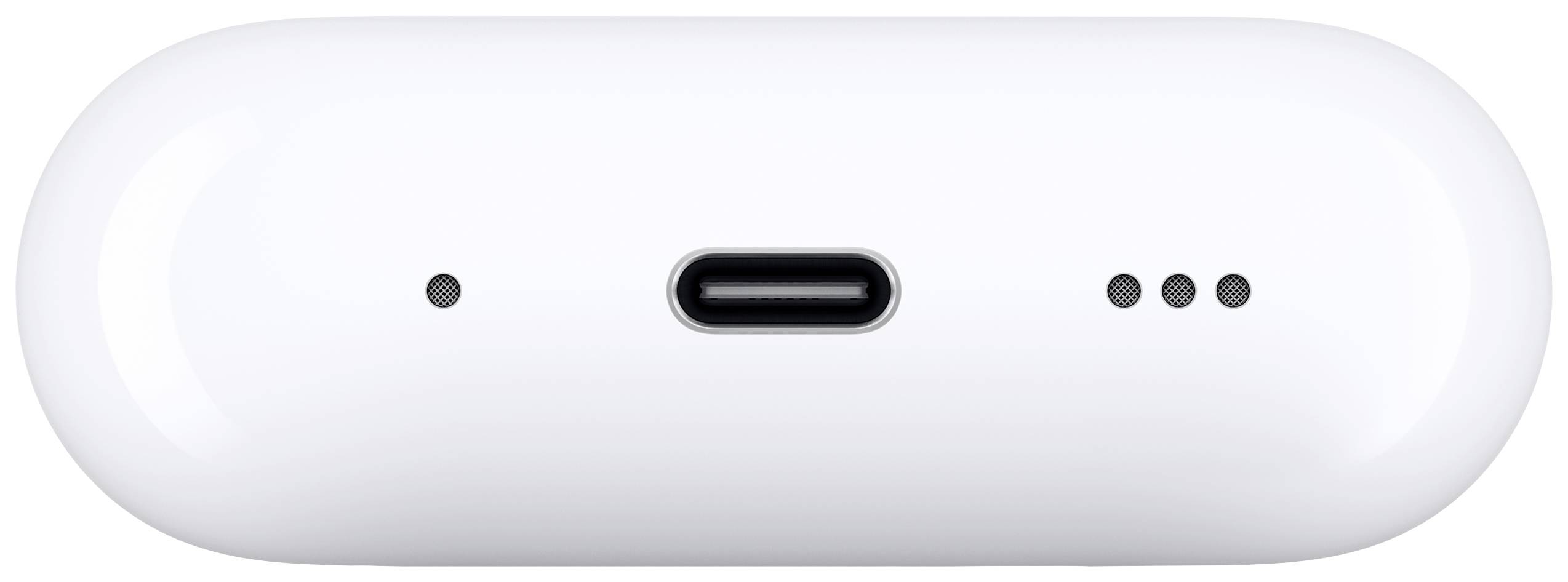 Boîtier blanc ovale avec un port USB-C au centre et trois petits trous à droite, probablement pour des écouteurs sans fil.