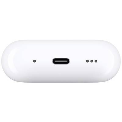 Boîtier blanc ovale avec un port USB-C au centre et trois petits trous à droite, probablement pour des écouteurs sans fil.