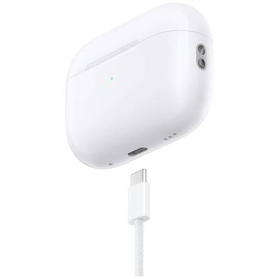 Étui de chargement blanc pour écouteurs sans fil avec indicateur de diodes de charge, accompagné d'un câble de charge USB-C.