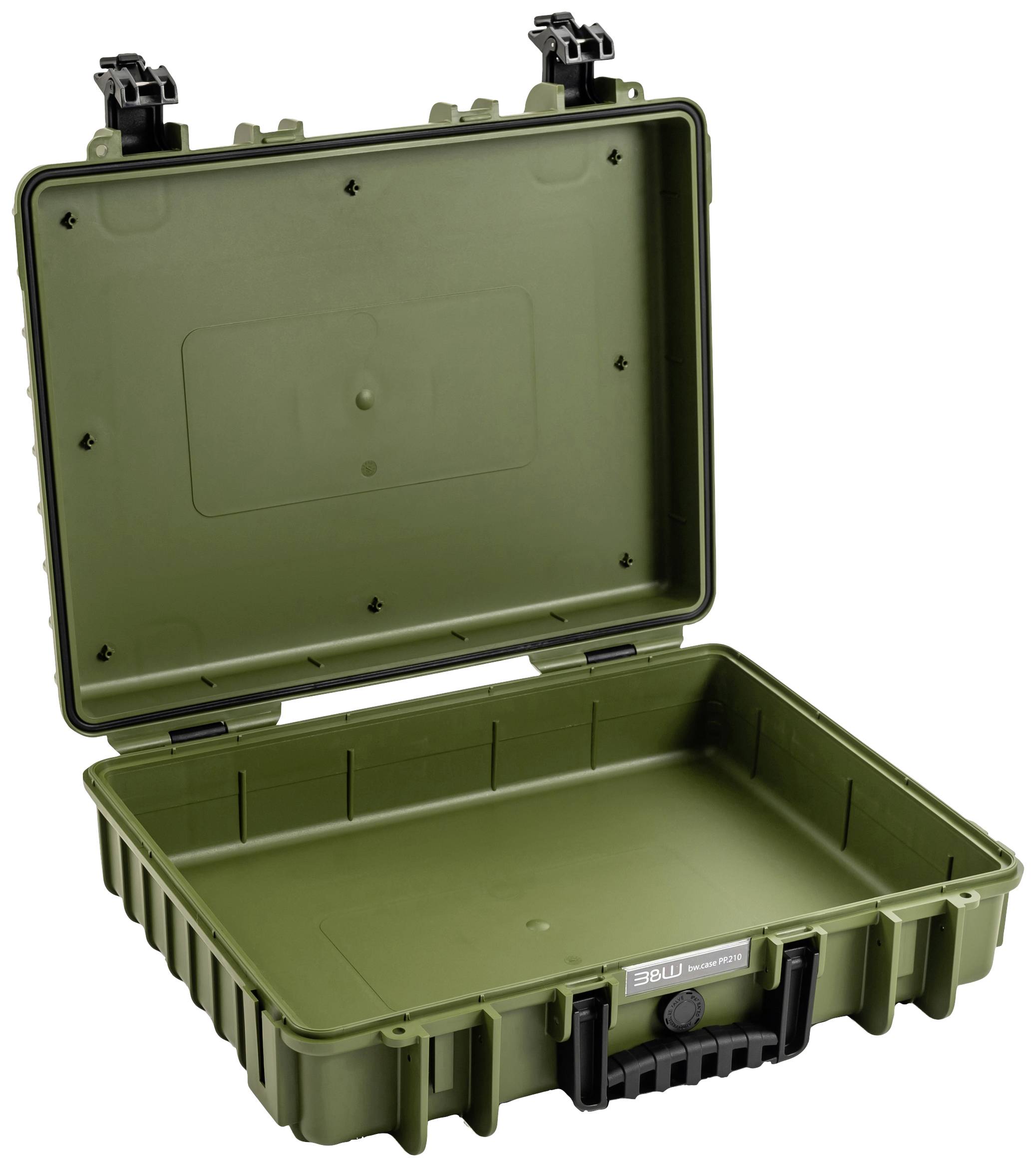 Valise rigide verte avec design ouvert et robuste, adaptée au transport sécurisé d'équipements délicats.