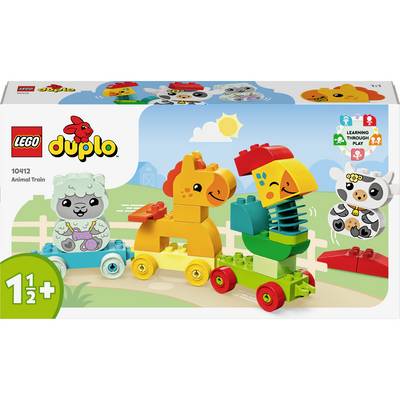 Emballage de jouet montrant des animaux de train LEGO DUPLO colorés : une girafe, un perroquet et un mouton sur des roues. Adapté aux enfants à partir de 1,5 ans.