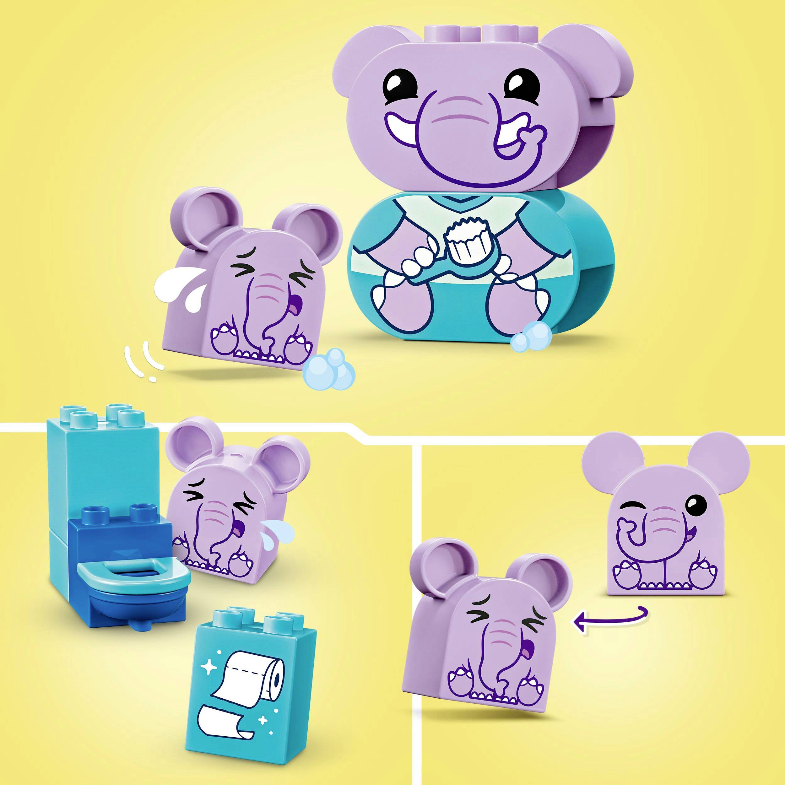 Un kit de construction avec des blocs représente un adorable éléphant violet en train de se brosser les dents à côté des toilettes et du papier toilette.