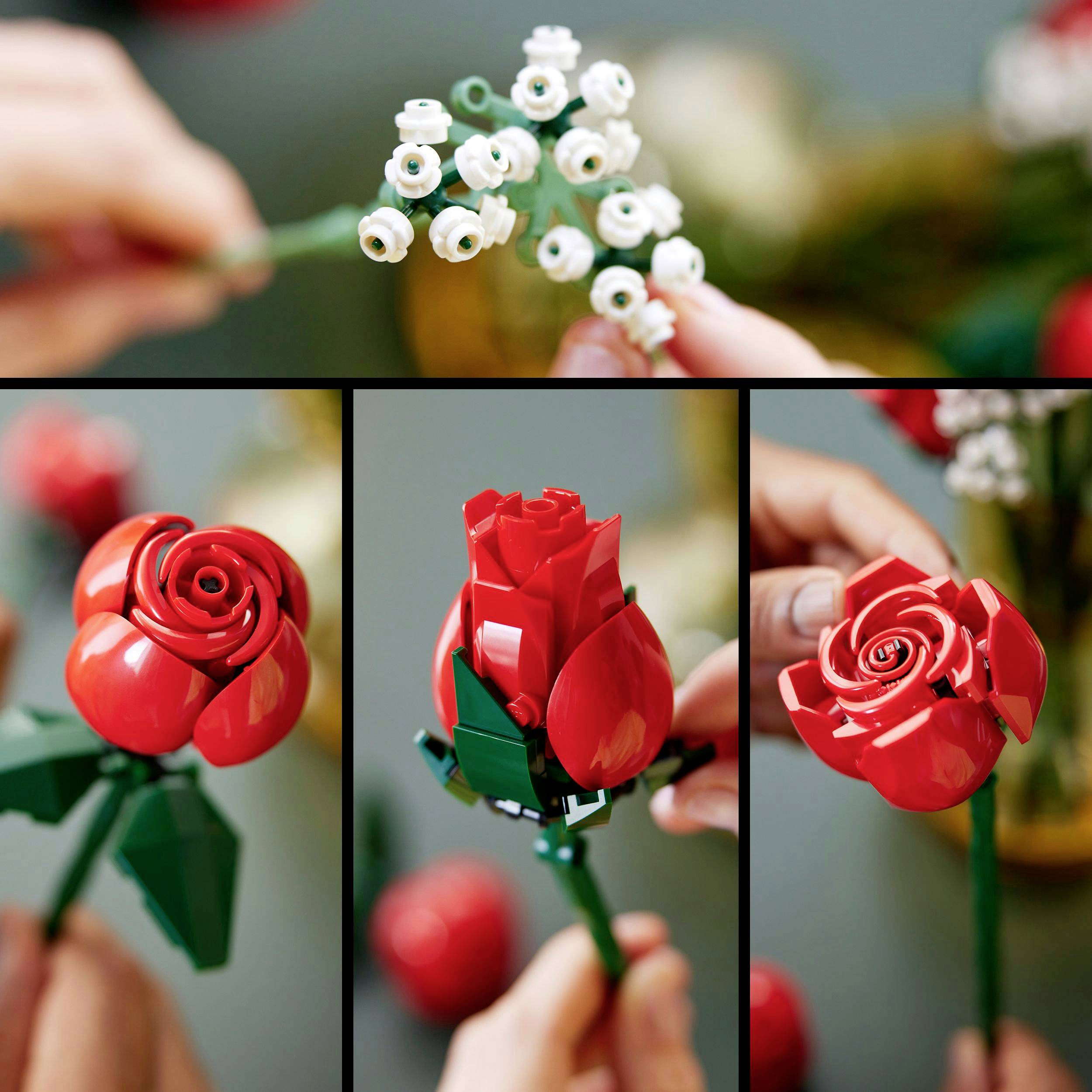 Plusieurs gros plans de bouquets de fleurs LEGO. Des mains tiennent des fleurs blanches et rouges aux pétales détaillés à différentes étapes de leur construction.