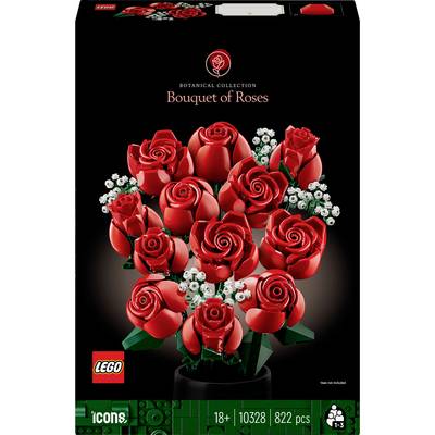 Ensemble LEGO 'Bouquet de Roses', 822 pièces. Roses rouges avec feuilles vertes et fleurs blanches, faisant partie de la collection botanique.