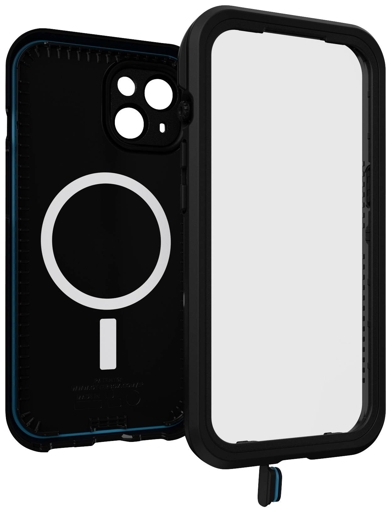 Coque de téléphone noir robuste avec un couvercle avant transparent et un grand symbole circulaire à l'arrière pour la compatibilité MagSafe.