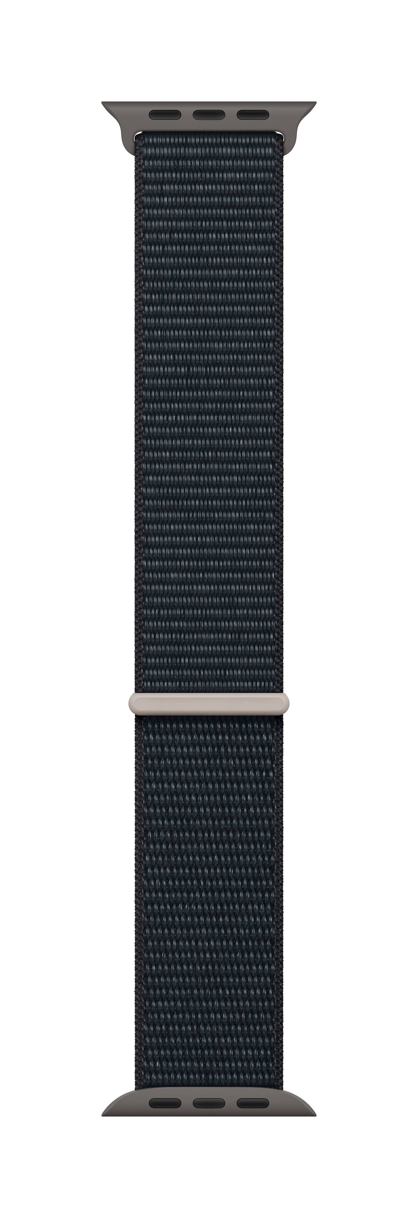 Un bracelet de montre noir en nylon tressé, avec des fermoirs métalliques gris, adapté à une montre connectée.