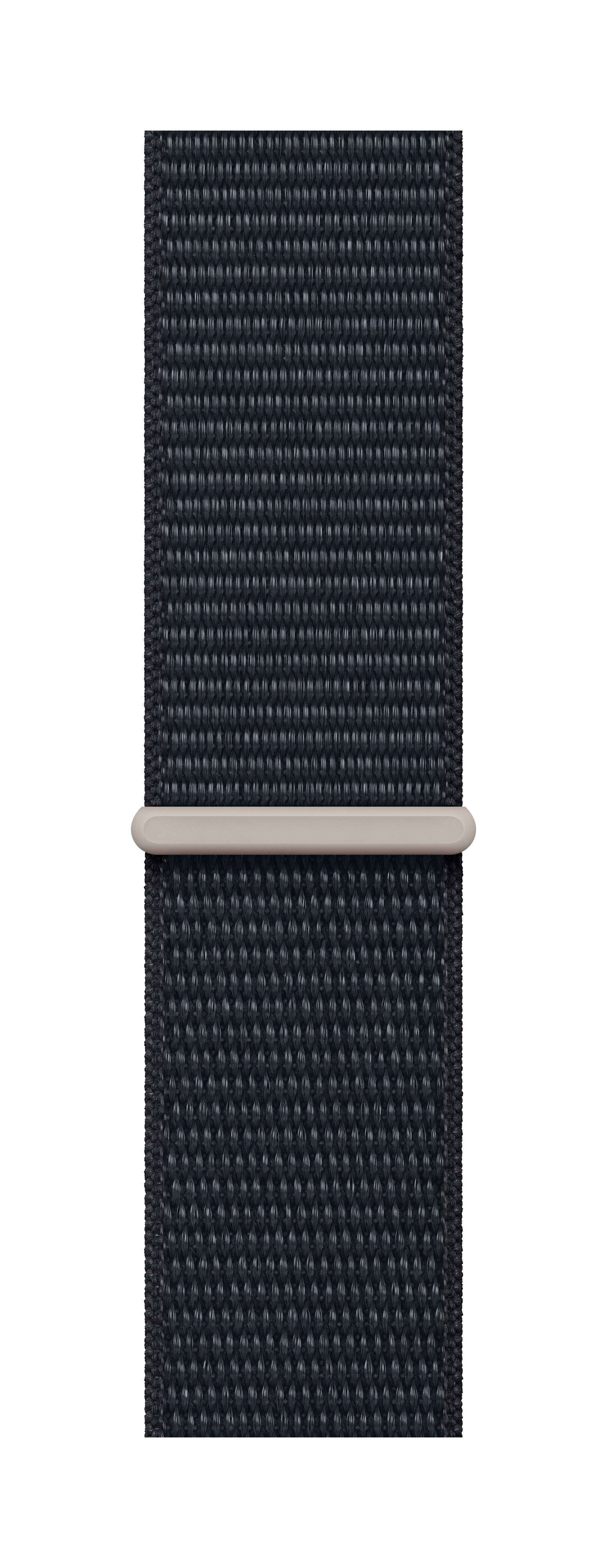 Bracelet en nylon noir à structure tissée fine avec fermoir métallique, adapté aux montres ou trackers d'activité.
