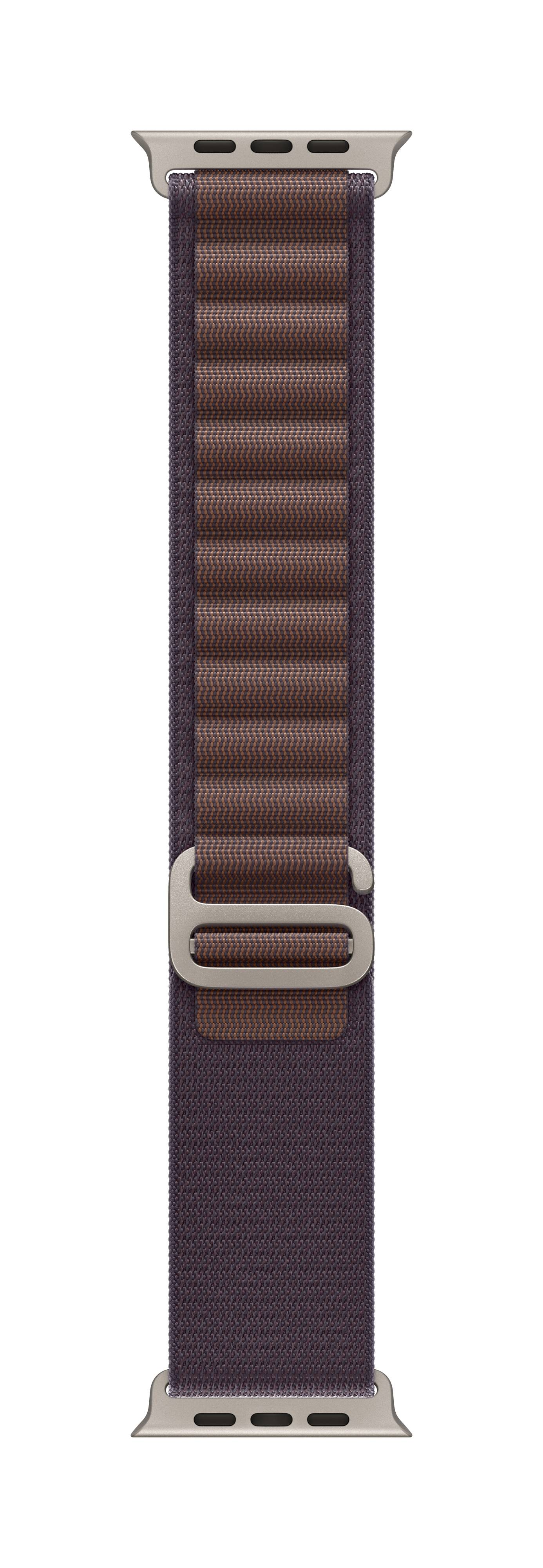 Bracelet de montre marron avec des maillons argentés, présenté verticalement. Design minimaliste, adapté aux montres connectées.