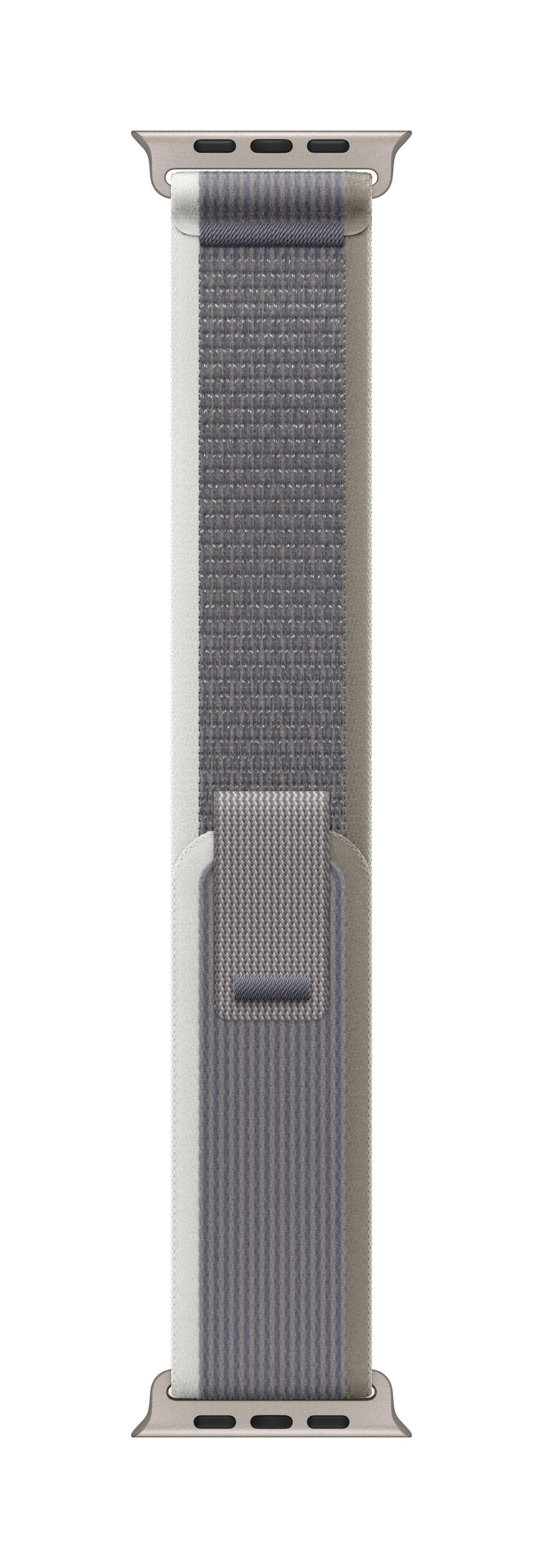 Bracelet gris-beige avec fermoir métallique, adapté à une smartwatch. Design tissé de haute qualité pour un port confortable.