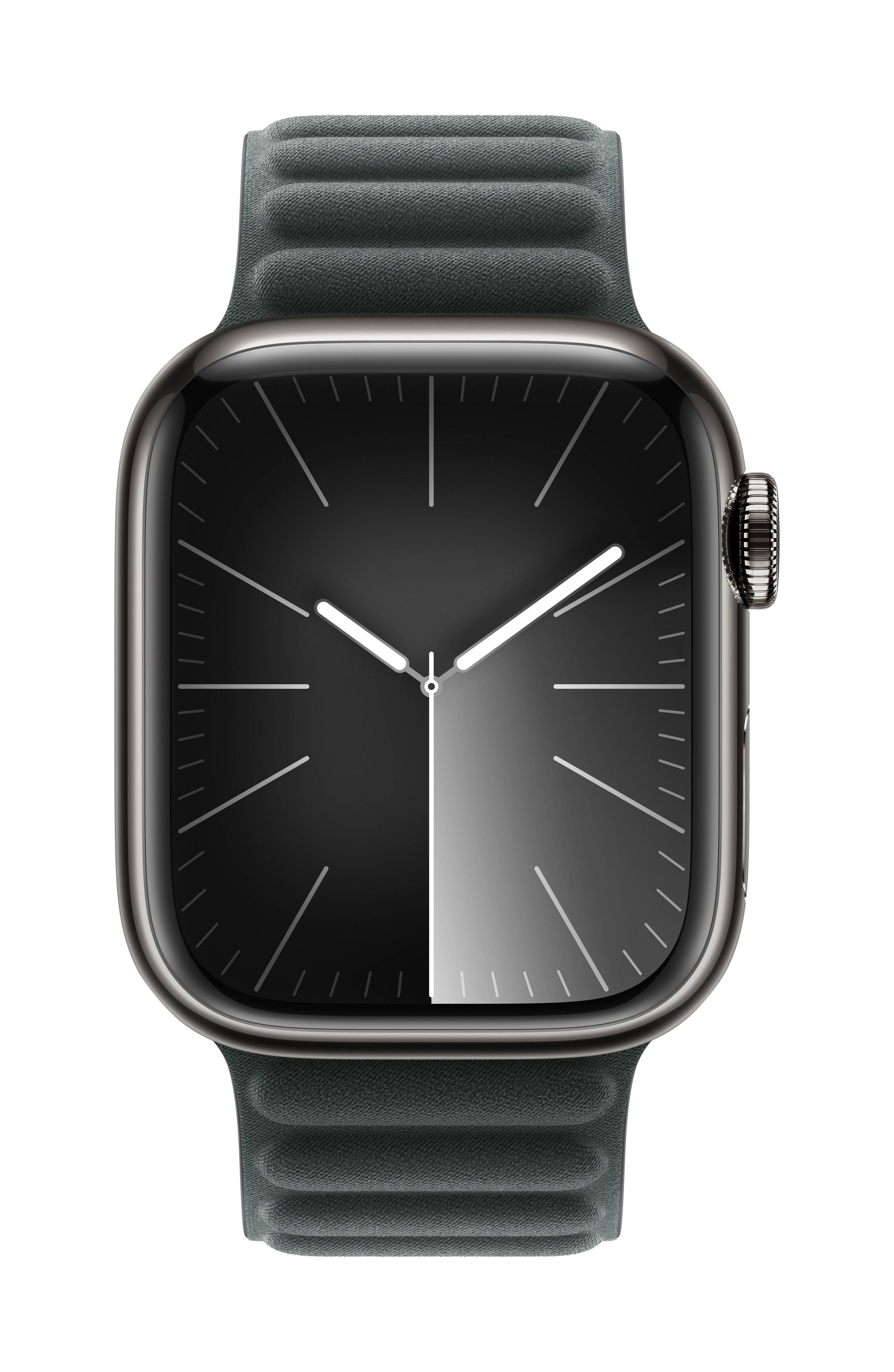 Montre intelligente au cadran noir et au design minimaliste. Une couronne argentée est située sur le côté droit.
