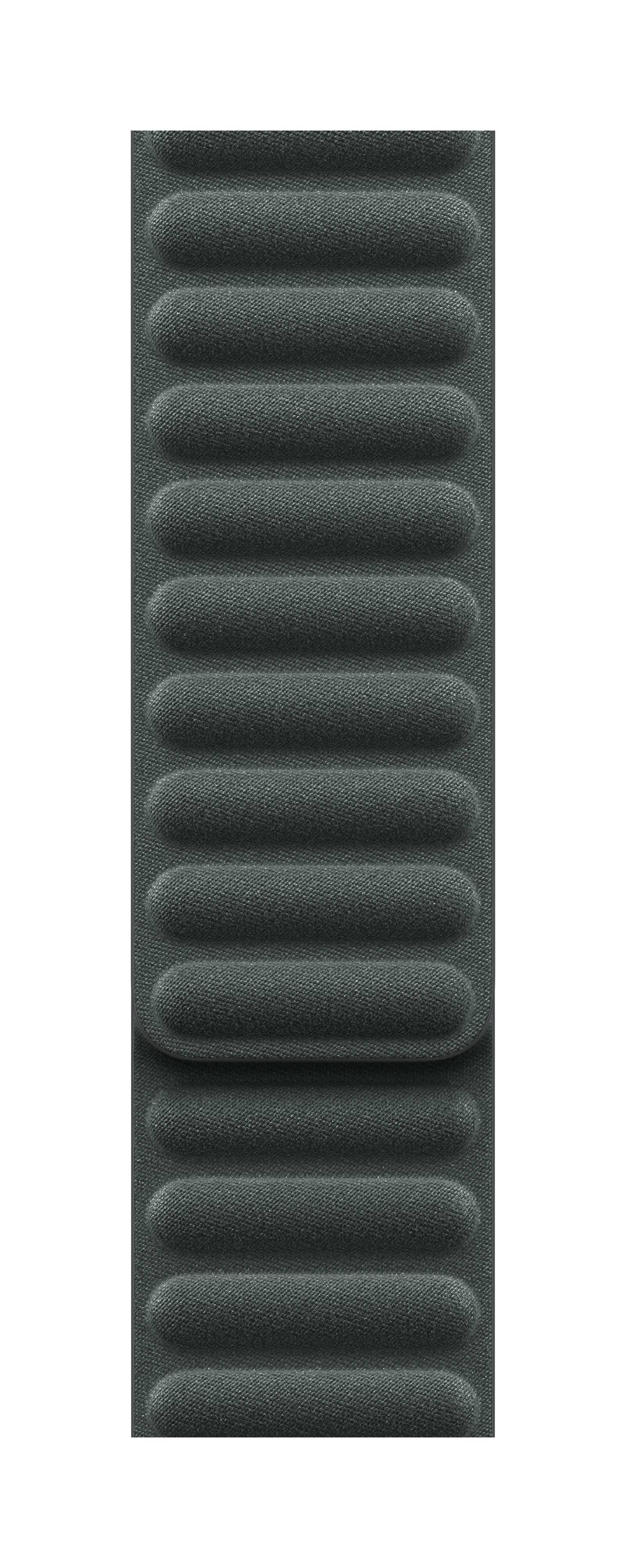 Un bracelet vert structuré avec des reliefs parallèles rectangulaires, adapté pour des montres élégantes ou comme accessoire de mode.