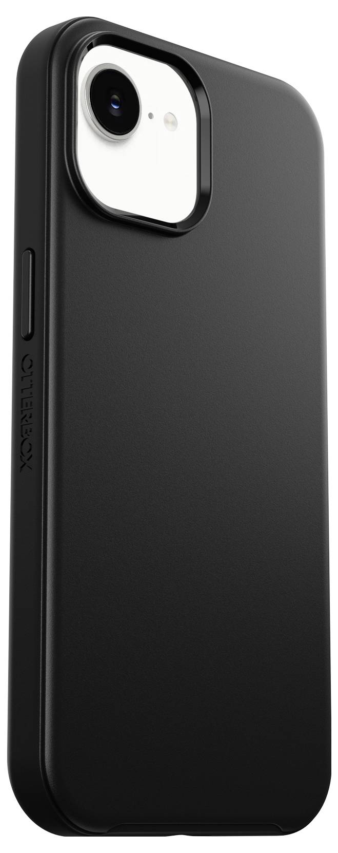Étui de protection noir pour smartphone avec découpe surélevée pour la caméra, présenté de l'arrière et de côté.