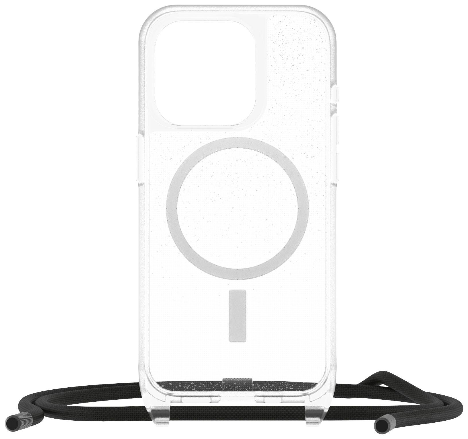Étui de téléphone transparent avec motif circulaire, adapté à un appareil mobile, avec cordon noir pour porter ou attacher.