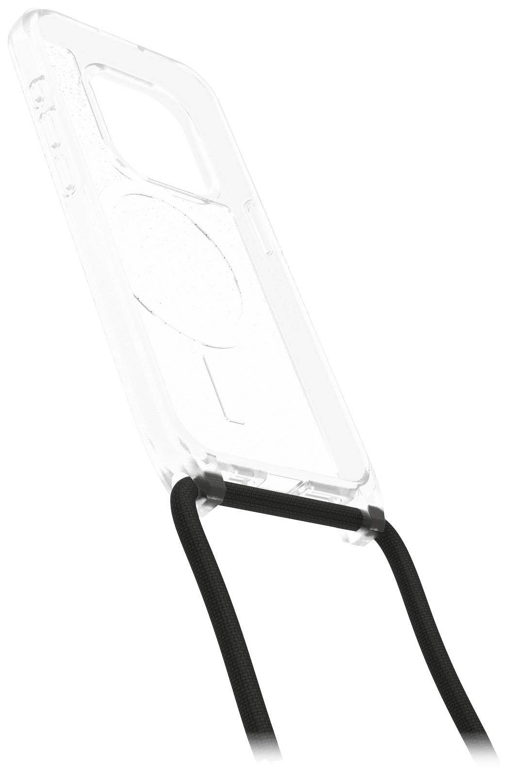 Coque de téléphone transparente avec cordon noir, ouvertures visibles pour la caméra et les connexions. Idéale pour un port mains libres.