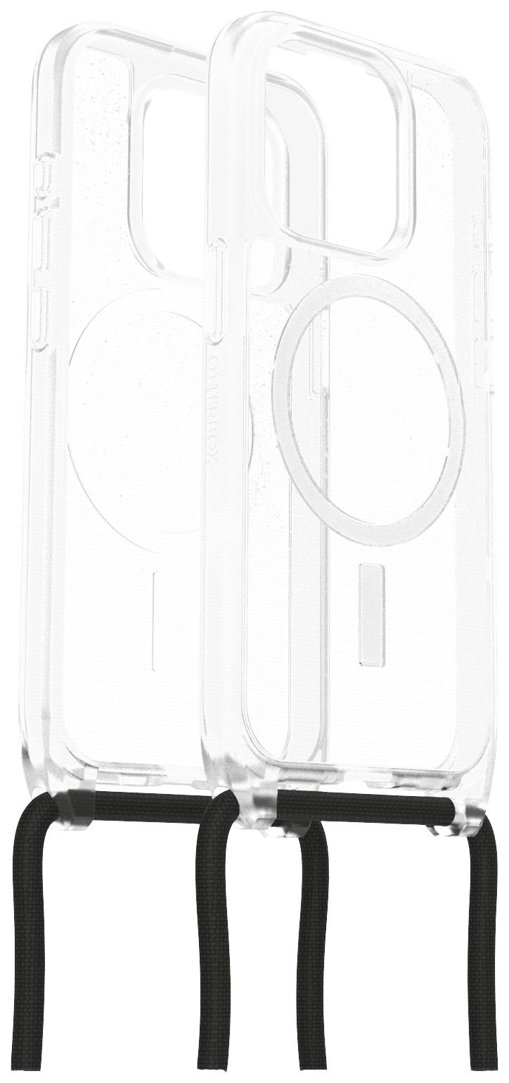Étui de téléphone transparent avec bande noire, tient debout. Le design présente un support magnétique rond au centre, adapté pour le chargement sans fil.