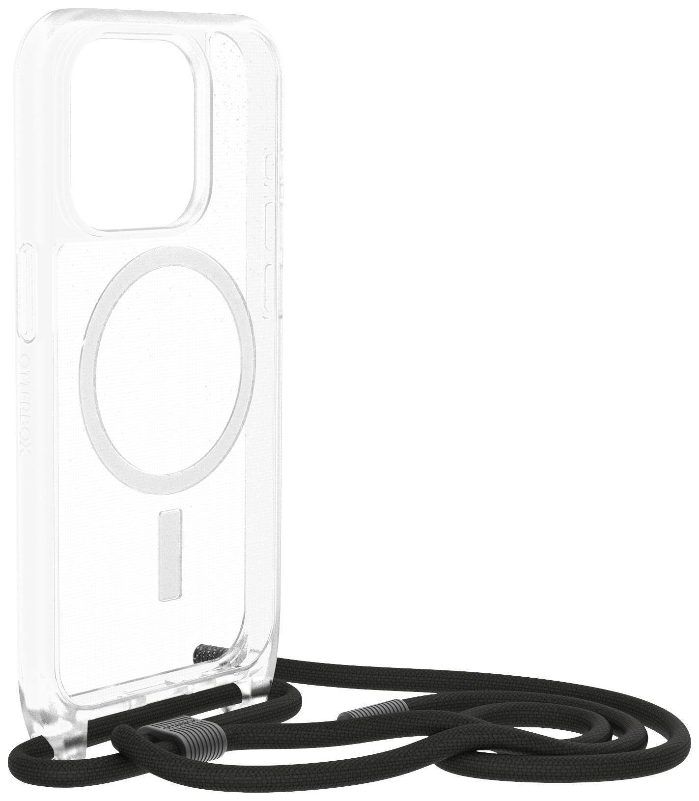 Étui de téléphone transparent avec bande noire.