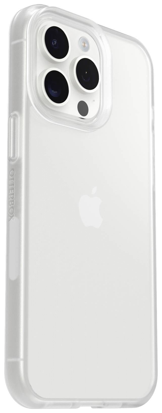 Une coque de téléphone transparente avec un logo au dos, adaptée à un smartphone moderne équipé de trois objectifs photo.