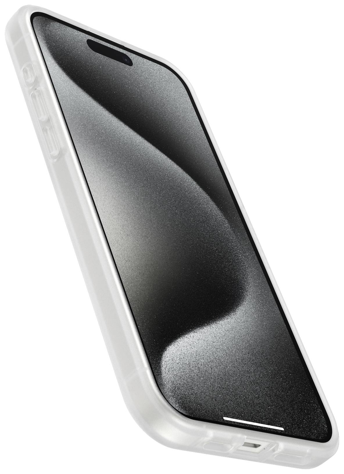 Un smartphone avec un écran brillant noir et un bord blanc, tenu en diagonale vers le haut, dans un étui de protection.