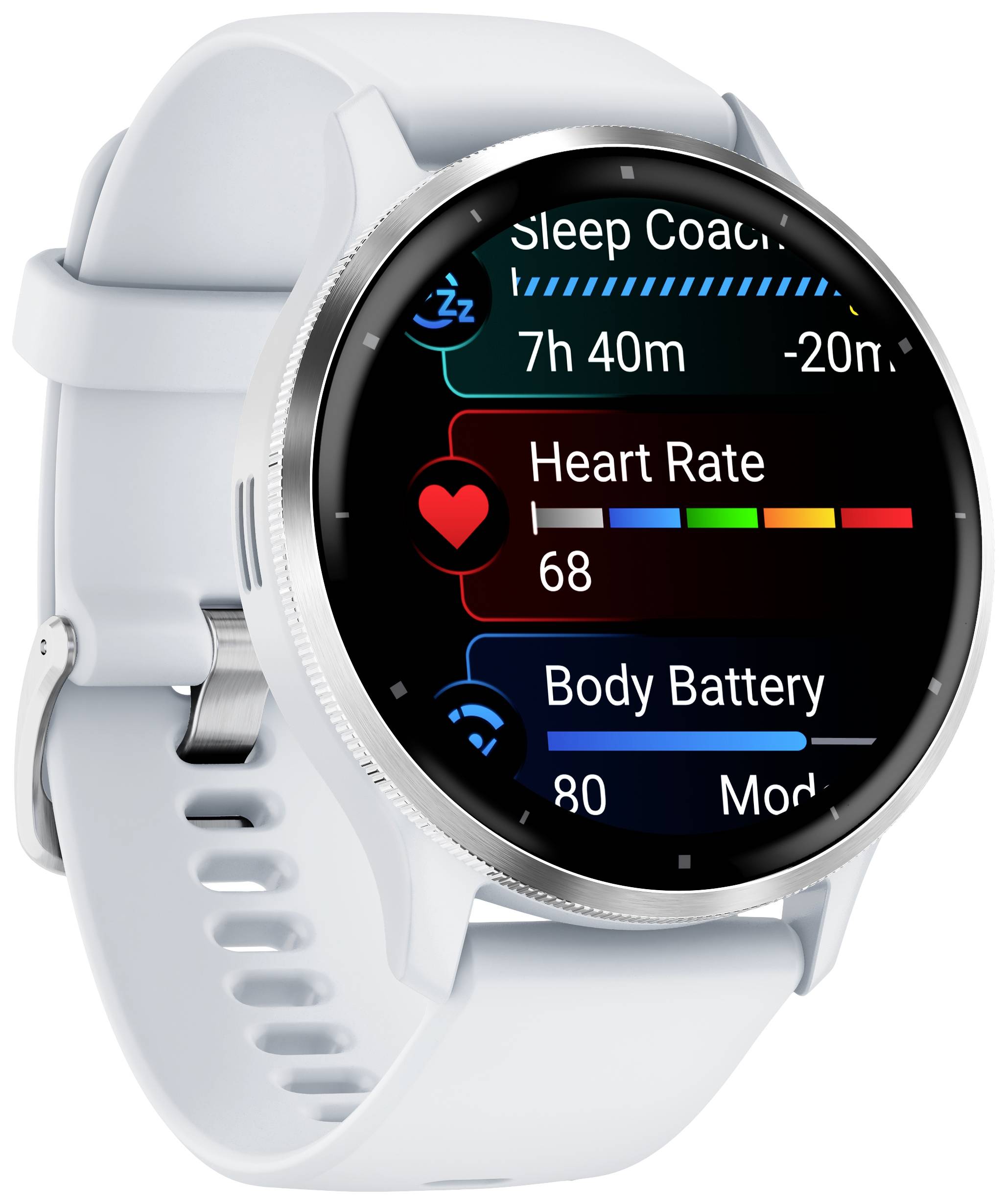 Une montre connectée affiche 'Fréquence cardiaque : 68', 'Sommeil : 7h 40m', et 'Batterie corporelle : 80'. Bracelet blanc avec boîtier argenté.
