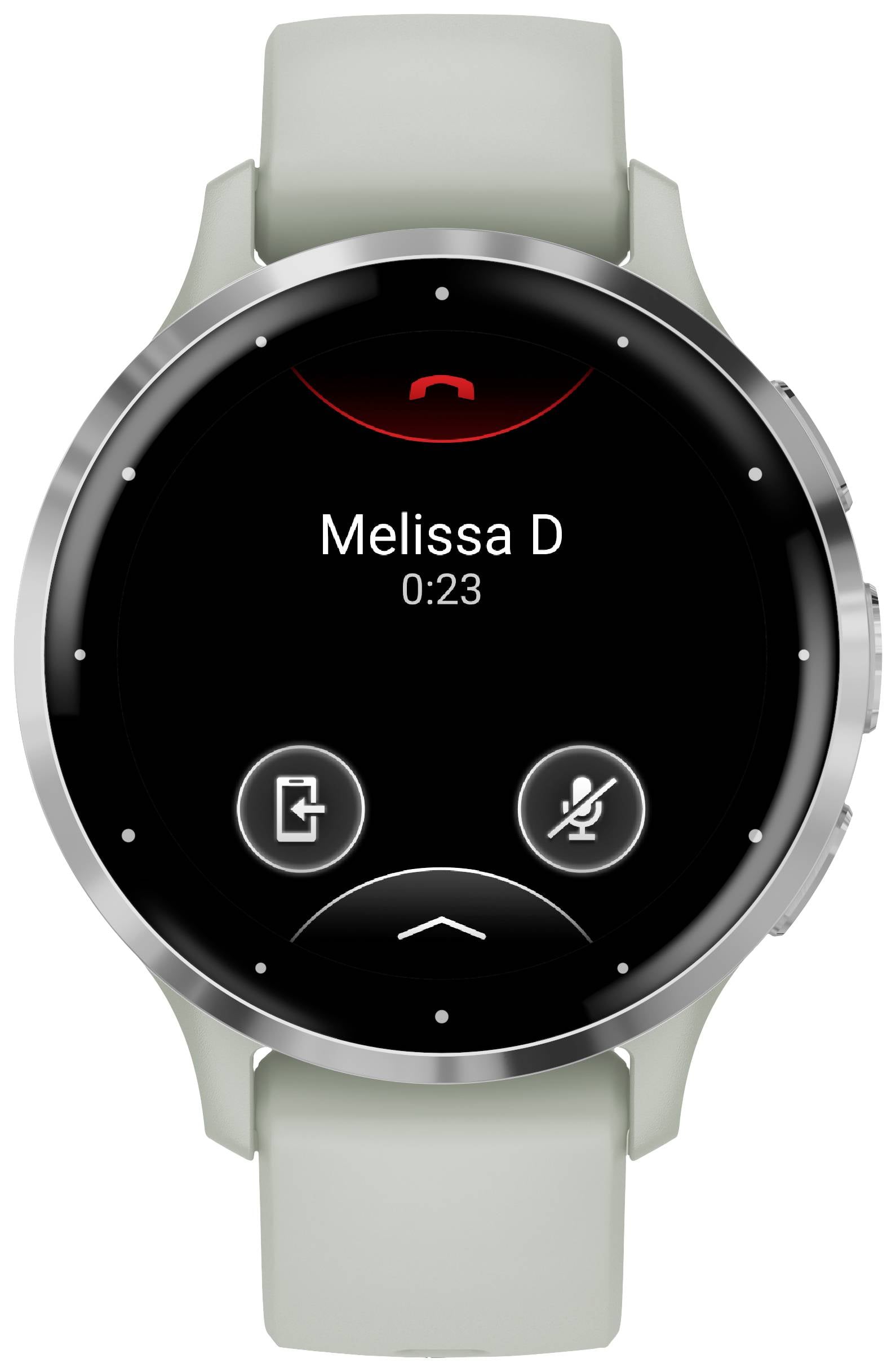 Montre connectée avec écran d'appel. 'Melissa D' s'affiche comme l'appelant, durée : 23 secondes. Icônes pour raccrocher, mettre en sourdine et mettre en attente l'appel.