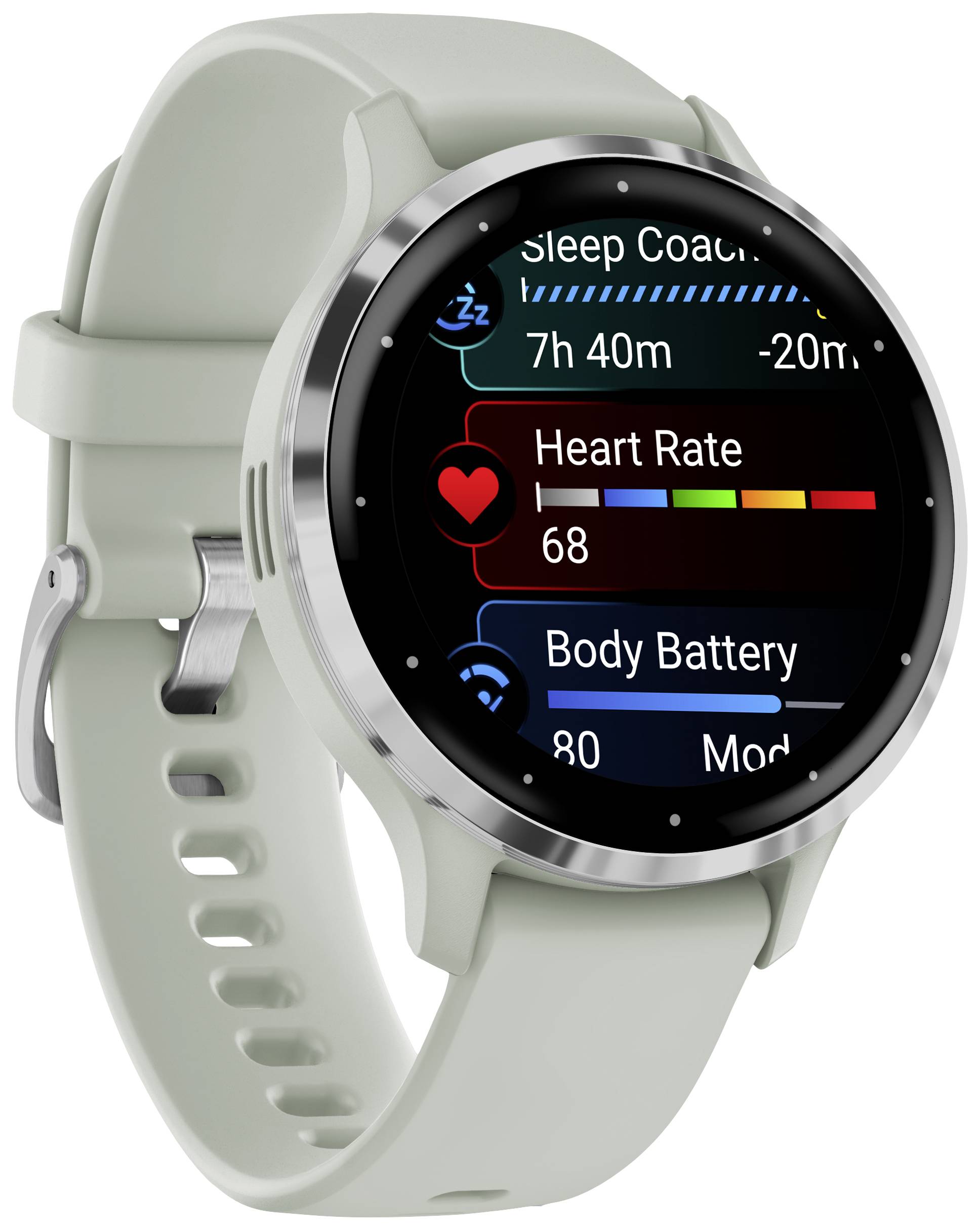 'Montre connectée en argent avec bracelet blanc, affichant une fréquence cardiaque de 68, un temps de sommeil de 7h 40m et un niveau d'énergie corporelle de 80 sur l'écran.'