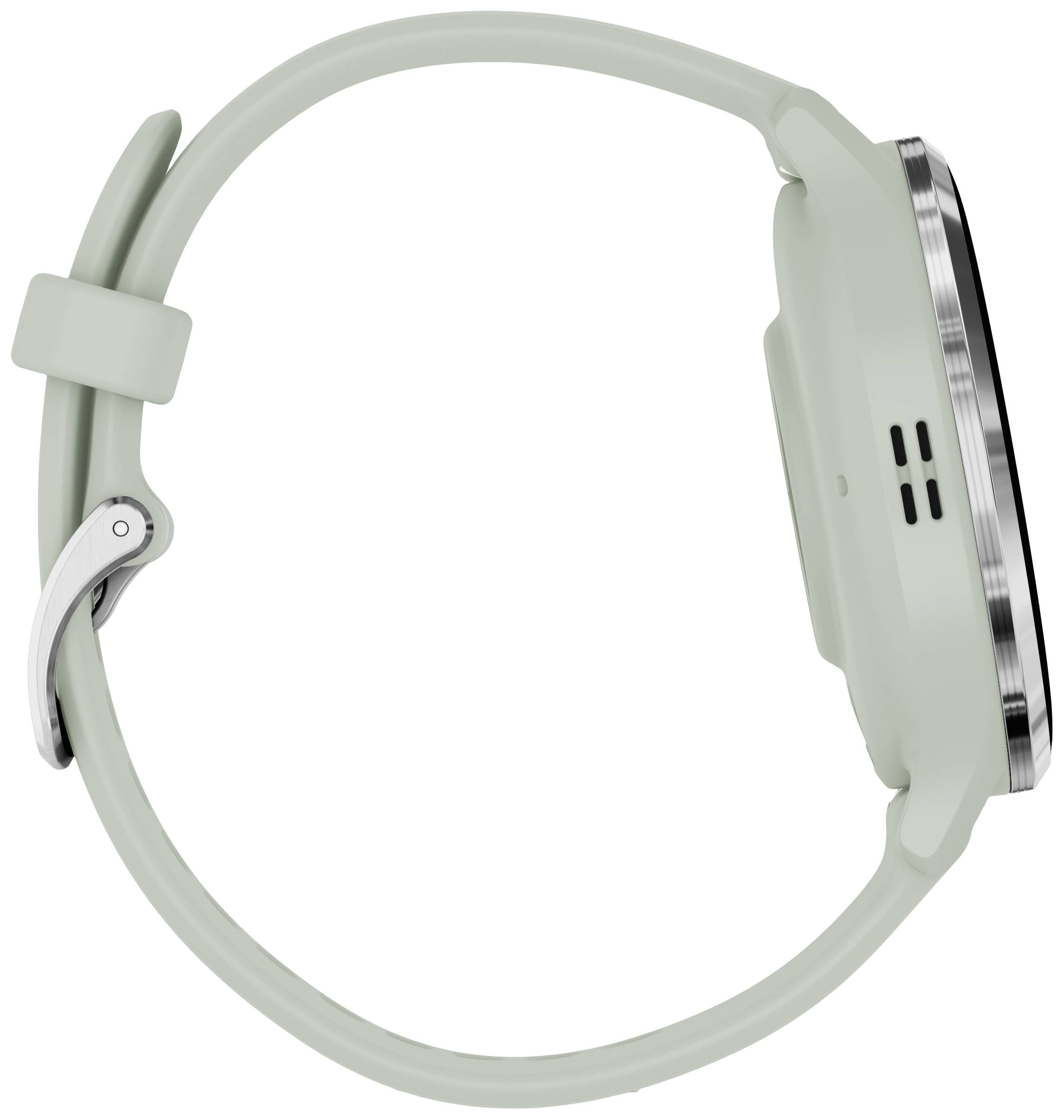 Une vue latérale d'une smartwatch verte avec un boîtier rond et un bracelet tissé. Elle est dotée d'une lunette métallique.