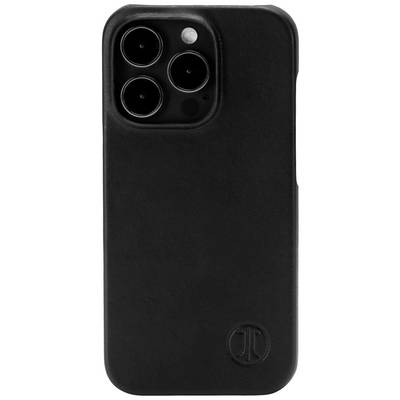 Coque de smartphone noire avec trois découpes pour caméras et logo gravé en bas à droite.