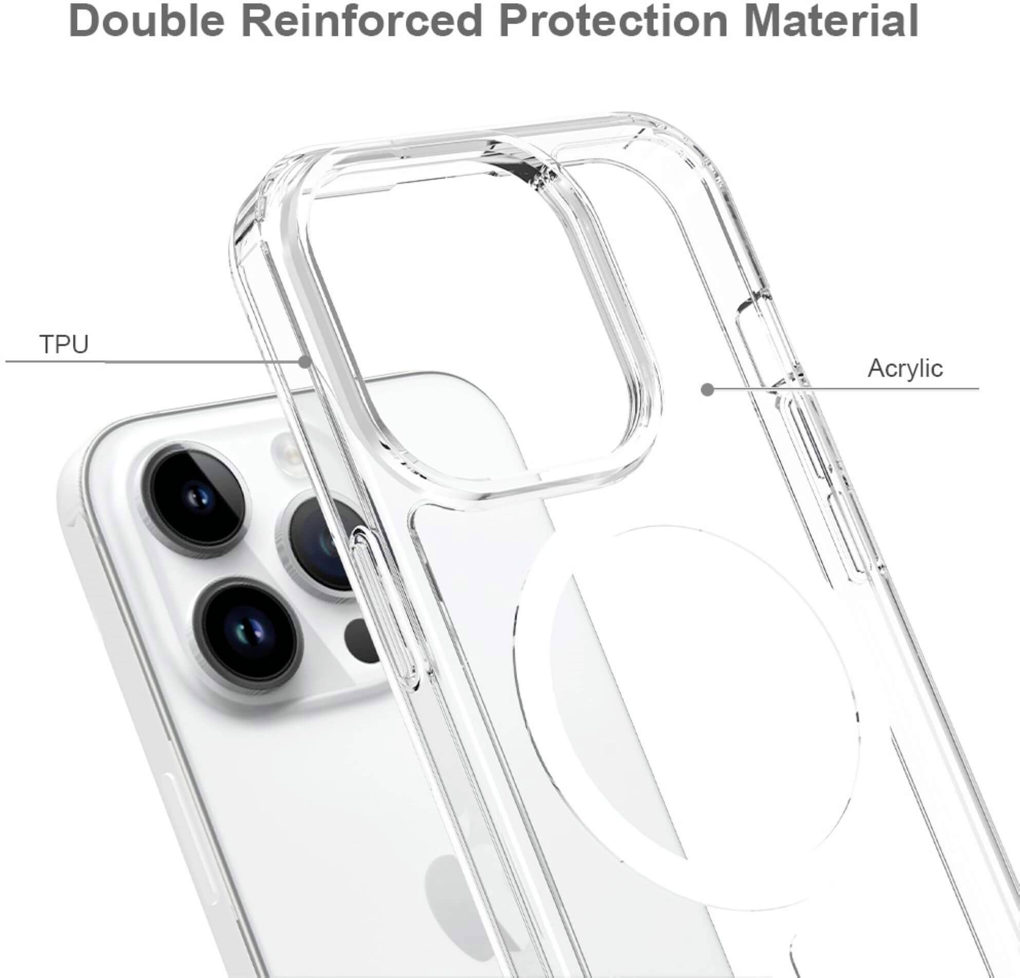 Coque de téléphone transparente avec double matériau de protection, composée d'acrylique et de TPU, compatible avec le smartphone, avec découpe de caméra mise en valeur.