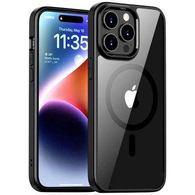 Un smartphone moderne avec une coque noire affiche la date, l'heure et les informations météorologiques sur son écran. Le dos de l'appareil avec ses modules photographiques est visible.