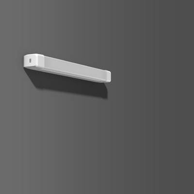 Un dispositif rectangulaire blanc fixé à un mur gris. Il semble s'agir d'un élément d'éclairage moderne.