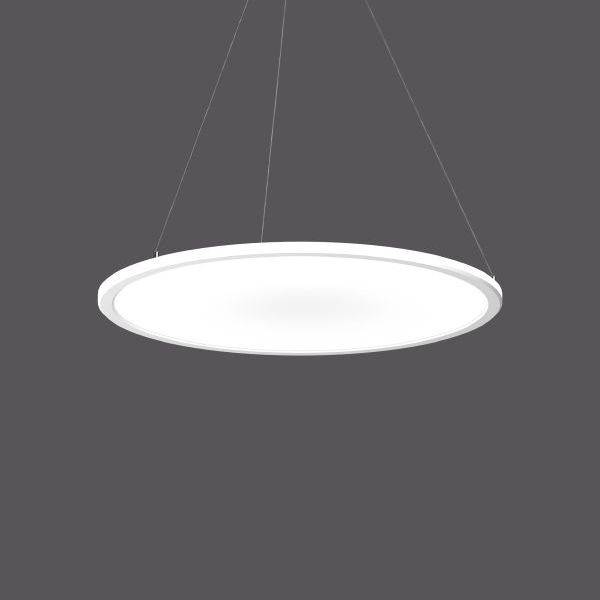 Un luminaire suspendu LED rond, moderne et épuré, sur un fond gris.