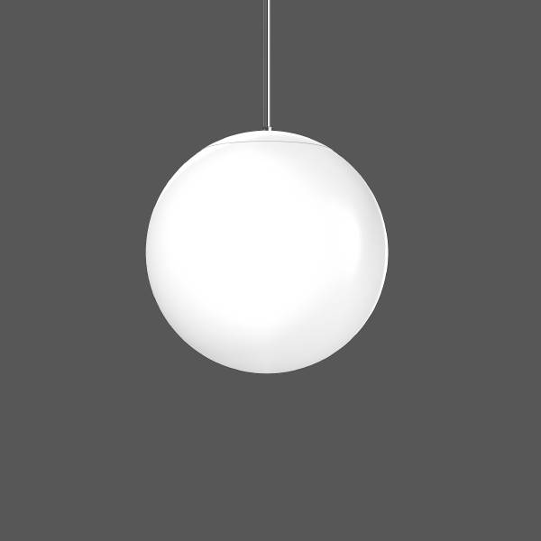 Une lampe sphérique blanche est suspendue au plafond devant un fond gris.