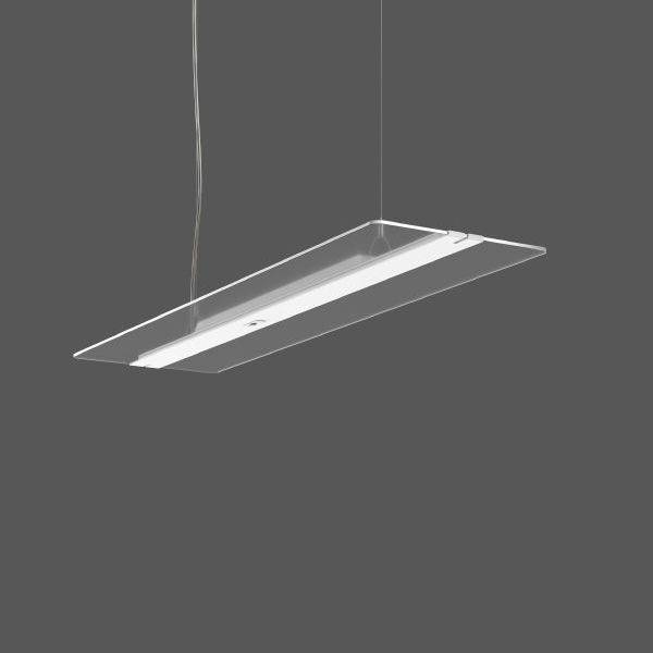 Lampe suspendue au design rectangulaire et transparent, avec une source lumineuse centrale, fixée par deux câbles, sur un fond gris.