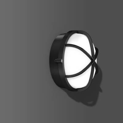 Plafonnier noir avec grille en forme de croix sur fond blanc. Design moderne et minimaliste, monté sur un mur sombre.