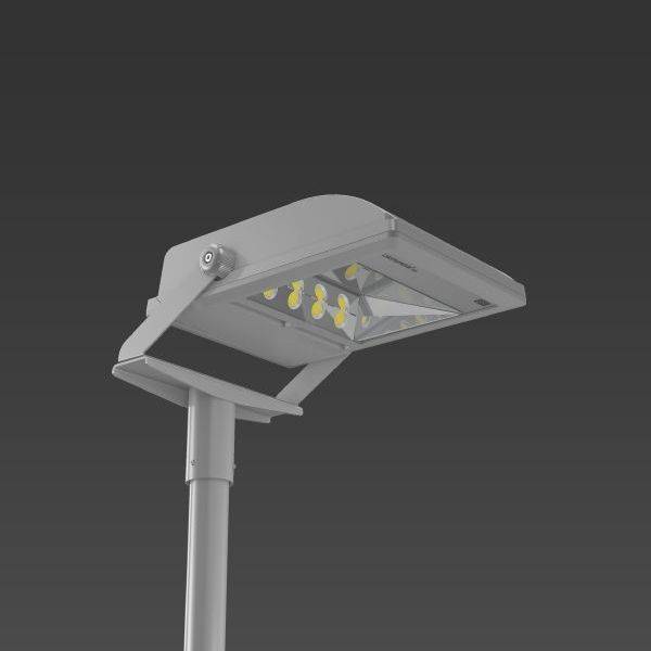 Un lampadaire LED moderne à plusieurs modules lumineux sur un fond gris.